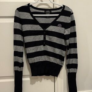 Hot Topic Black and Gray Striped V-Neck Sweater